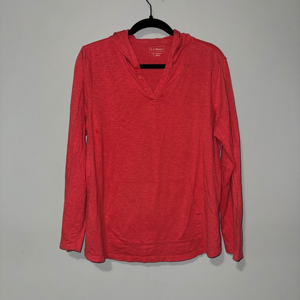 LL Bean‎ Womens Large Regular Coral Pink Cotton Hooded Long Sleeve V-Neck Tee